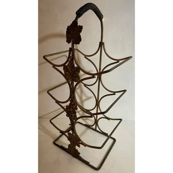 6 Wine Holder Bottle Chrome Brass Metal Rack Handle Grape Leaf Design Black Gold - Picture 3 of 8